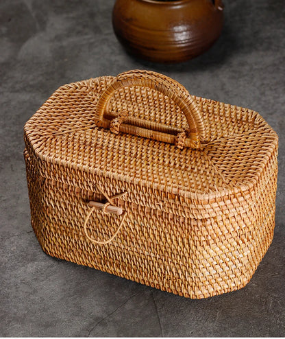 Handwoven Rattan Storage Box with Handle Wicker Ornament Box Tea set Container Picnic Bread Fruit Cake Basket Kitchen Organizer