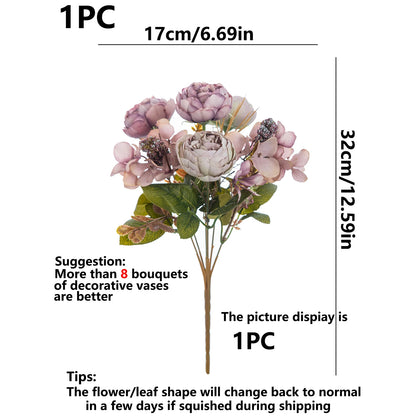 1PC Artificial Flowers Wedding Home Bedroom Decoration Bridal Bouquet Garden Fake Silk Peony Hydrangeas Vase for Board Outdoors