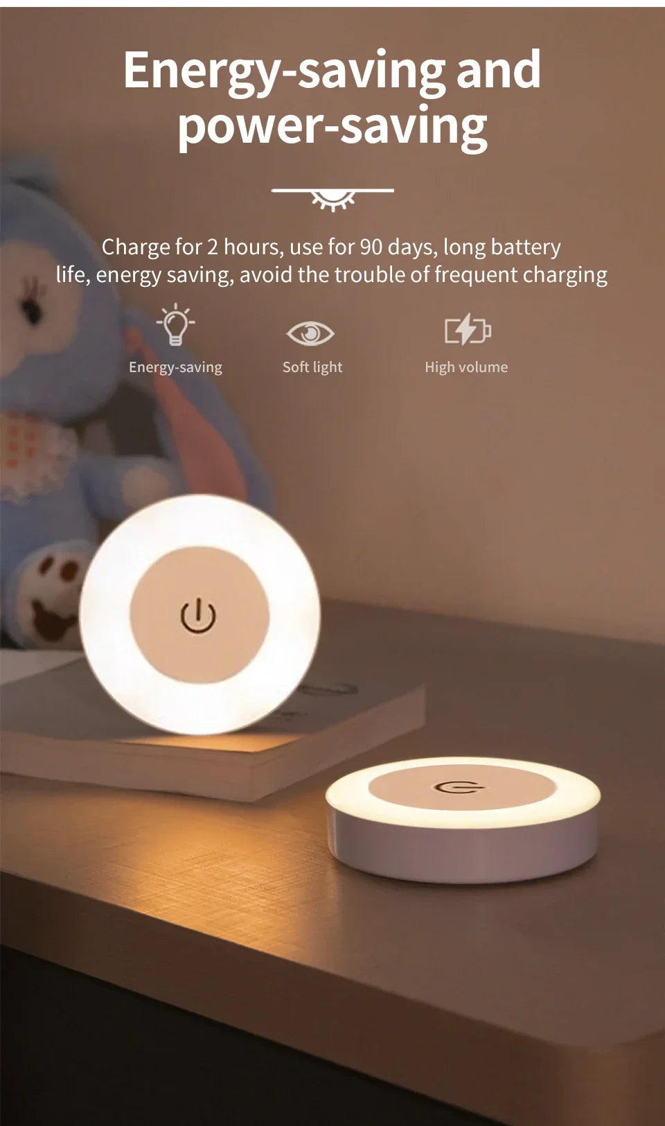 Round Led Wall Lamp Rechargeable Night Light with Touch Switch Dimmable Magnetic Book Light for Reading Bedroom Cabinet Closet