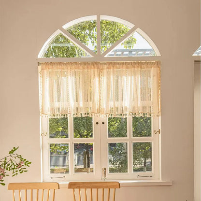 Beige Circular Patterned Hanging Tassel Short Curtain, Lace Short Curtain, Living Room, Bedroom, Kitchen Cabinet Cover Curtain