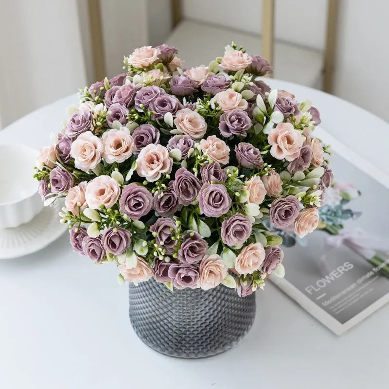 1PC 15 Head 5 Fork Silk Rose Wedding bridal Bouquet Christmas Wreath Vase Decoration Home bonsai DIY Scrapbook Artificial Flower