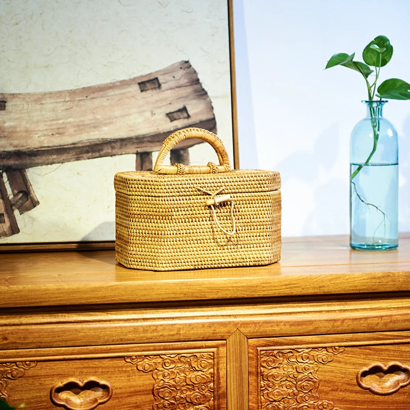 Handwoven Rattan Storage Box with Handle Wicker Ornament Box Tea set Container Picnic Bread Fruit Cake Basket Kitchen Organizer