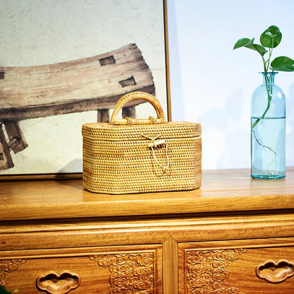 Handwoven Rattan Storage Box with Handle Wicker Ornament Box Tea set Container Picnic Bread Fruit Cake Basket Kitchen Organizer