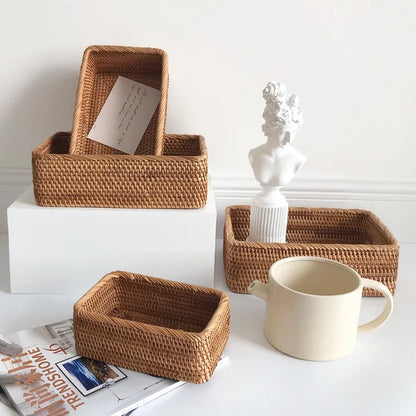 Hand-woven Rattan Wicker Basket Fruit Tea Snack Bread Basket Cosmetic Rectangular Storage Box Household Kitchen Supplies