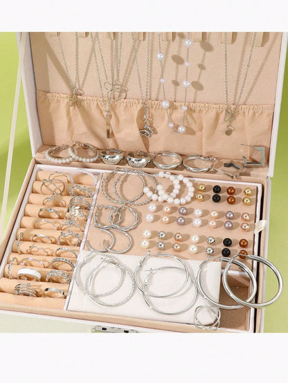 86pcs/Set Elegant Pearl Earrings Multi-Layered Necklace Ear Studs Rings 4-In-1 Jewelry Set For Women Daily Wear Gift (No Box)