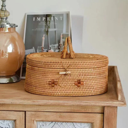 Handwoven Rattan Storage Box with Handle Wicker Ornament Box Tea set Container Picnic Bread Fruit Cake Basket Kitchen Organizer