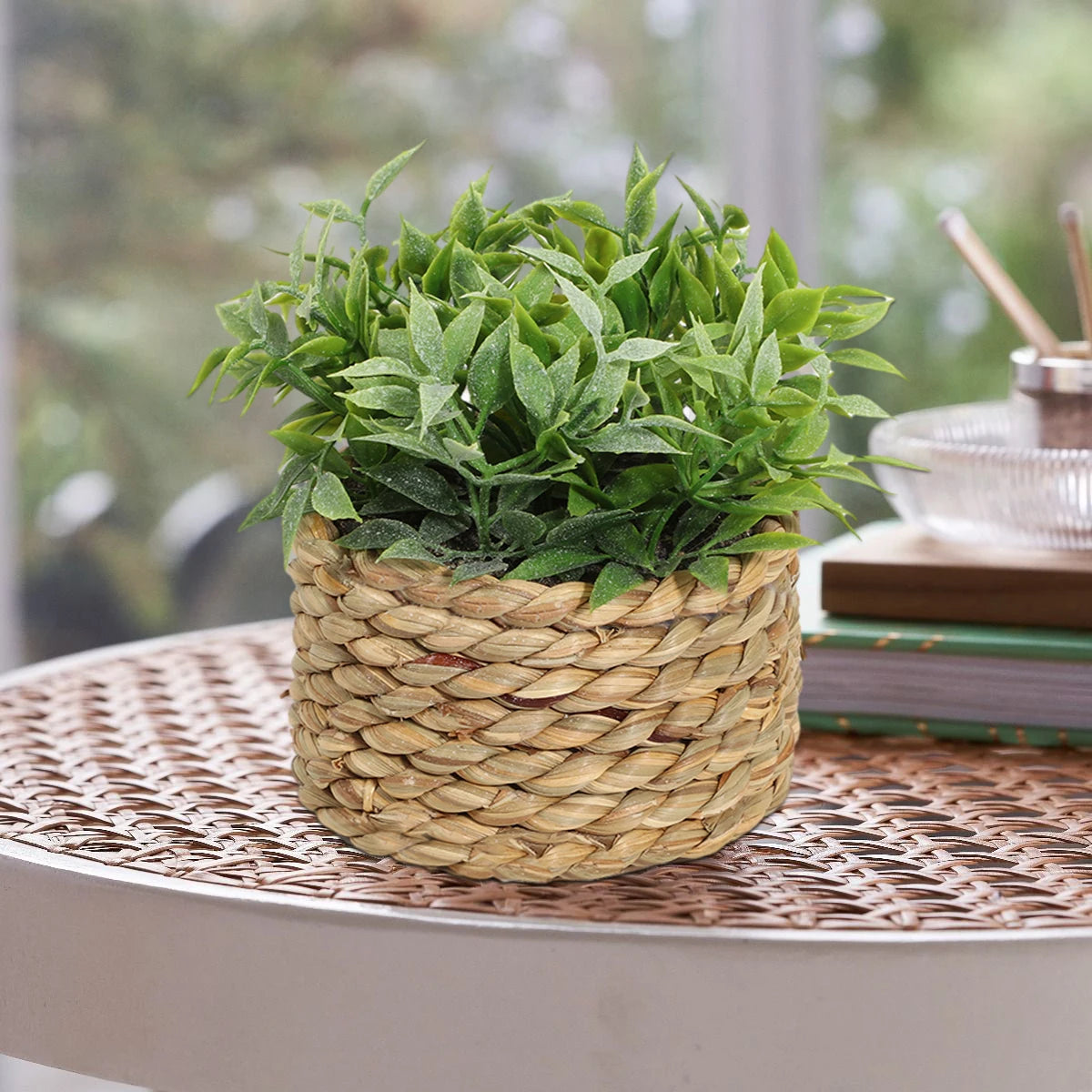 XIYA FLOWER Green Artificial Plants Eucalyptus Grass Woven Small Potted Plants Grass Mound 11cm PE Material Home Decoration