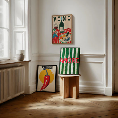 Amore Green Striped Canvas Printing Vino Wine Glass & Pepper Wall Art Poster Modern Living Room Bedroom Kitchen Home Decor Gifts