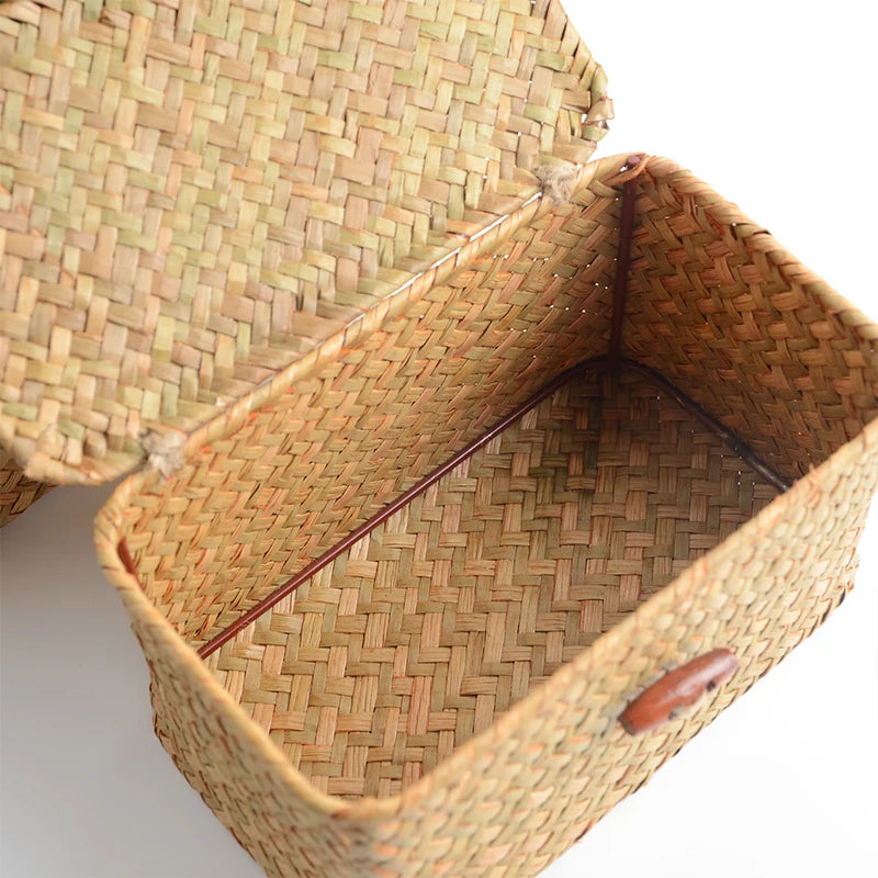 Storage Shelf Basket with Lid Rectangular Handmade Seagrass Rattan Woven Makeup Organizer Multipurpose Container Natural Box for