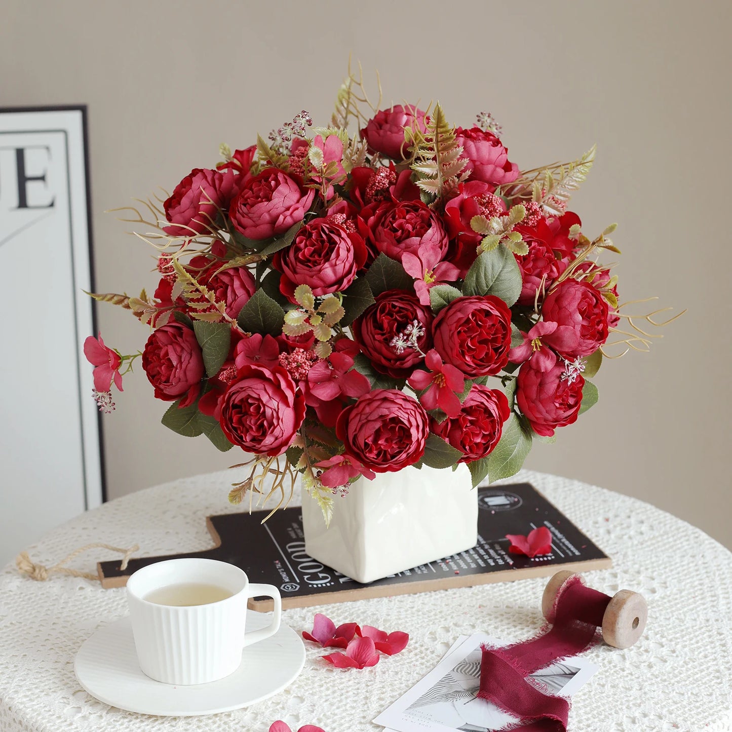 1PC Artificial Flowers Wedding Home Bedroom Decoration Bridal Bouquet Garden Fake Silk Peony Hydrangeas Vase for Board Outdoors