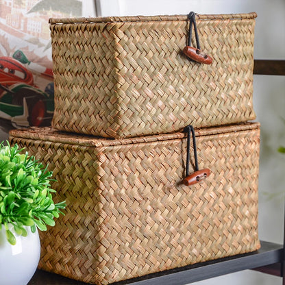 Storage Shelf Basket with Lid Rectangular Handmade Seagrass Rattan Woven Makeup Organizer Multipurpose Container Natural Box for