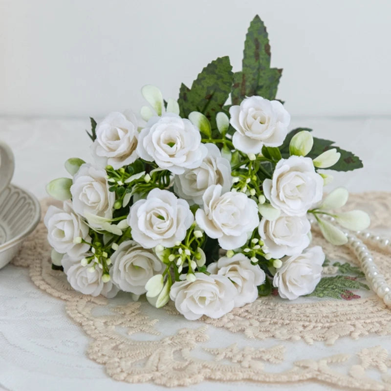 1PC 15 Head 5 Fork Silk Rose Wedding bridal Bouquet Christmas Wreath Vase Decoration Home bonsai DIY Scrapbook Artificial Flower