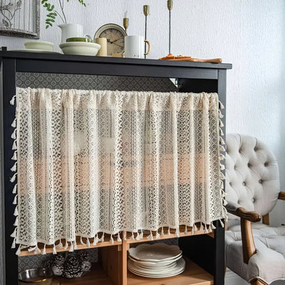 Beige Circular Patterned Hanging Tassel Short Curtain, Lace Short Curtain, Living Room, Bedroom, Kitchen Cabinet Cover Curtain