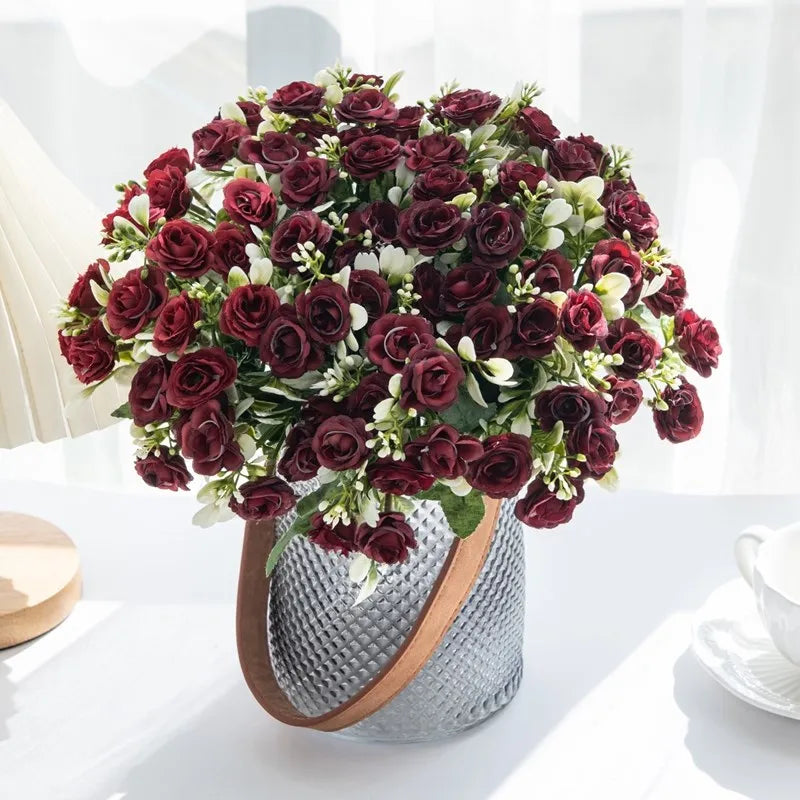 1PC 15 Head 5 Fork Silk Rose Wedding bridal Bouquet Christmas Wreath Vase Decoration Home bonsai DIY Scrapbook Artificial Flower