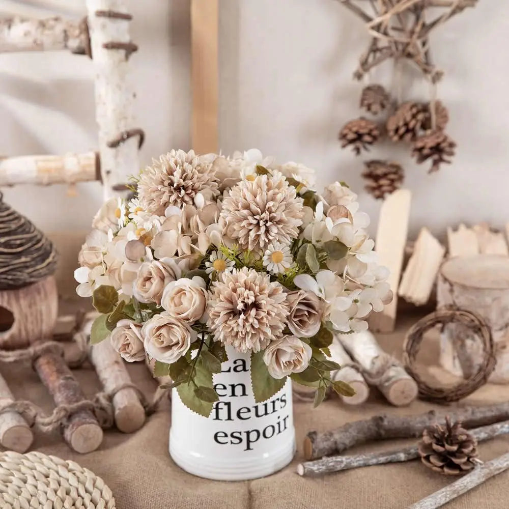 1PC Artificial Flowers Wedding Home Bedroom Decoration Bridal Bouquet Garden Fake Silk Roses Hydrangeas Vase for Board Outdoors