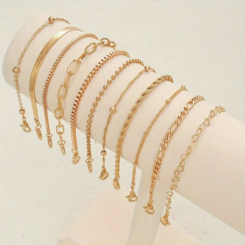 11pcs Chic Snake Chain Bracelet Set for Women Boho Simple Elegant Heart Geometric Chain Vacation Date Casual Jewelry Gifts 2025