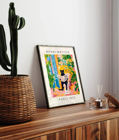 Black cat on toilet, Bathroom wall art, Matisse poster, Funny bathroom decor, Pink tropical decor
