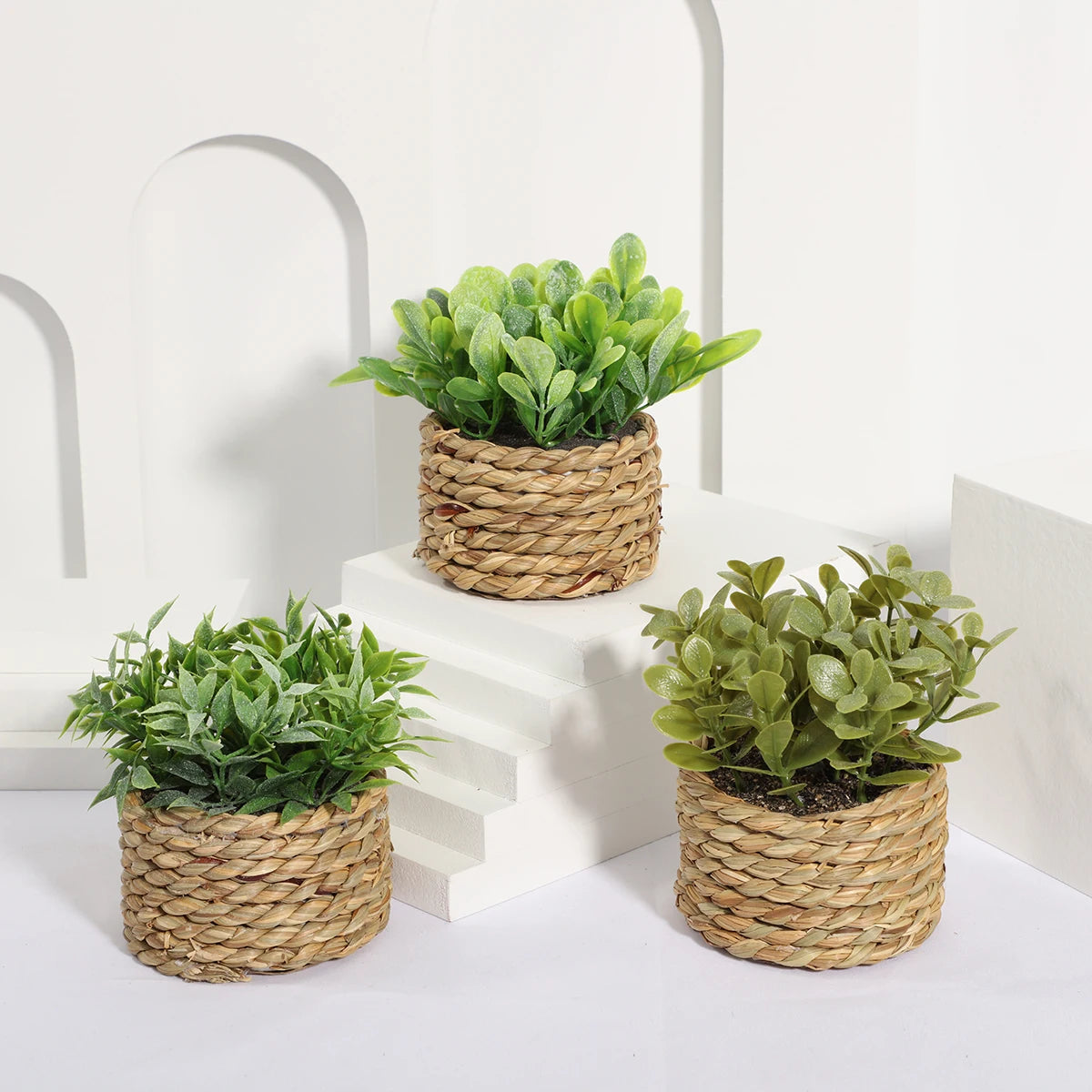 XIYA FLOWER Green Artificial Plants Eucalyptus Grass Woven Small Potted Plants Grass Mound 11cm PE Material Home Decoration