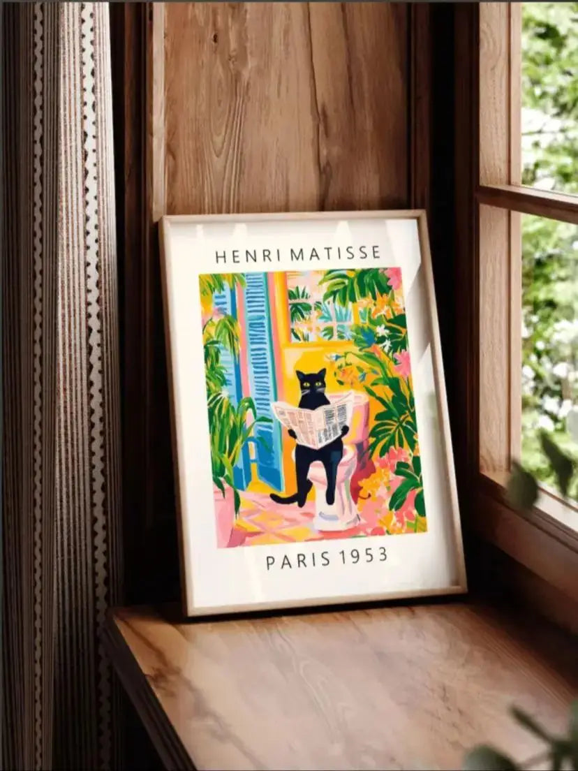 Black cat on toilet, Bathroom wall art, Matisse poster, Funny bathroom decor, Pink tropical decor