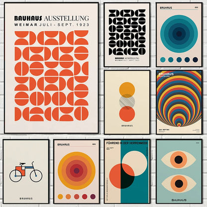 Abstract Orange Bauhaus Geometric Poster Pop Art Sunrise & Bicycle Wall Art Prints for Modern Living Room Dormitory Home Decor