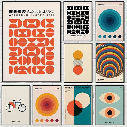 Abstract Orange Bauhaus Geometric Poster Pop Art Sunrise & Bicycle Wall Art Prints for Modern Living Room Dormitory Home Decor