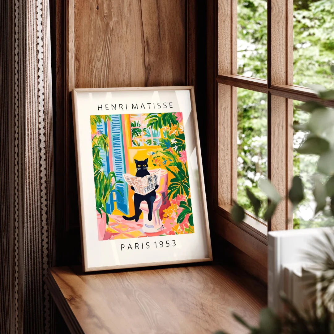 Black cat on toilet, Bathroom wall art, Matisse poster, Funny bathroom decor, Pink tropical decor