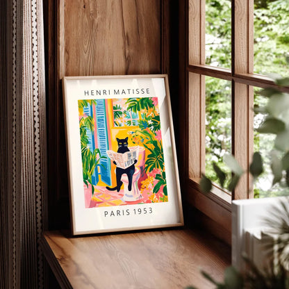 Black cat on toilet, Bathroom wall art, Matisse poster, Funny bathroom decor, Pink tropical decor