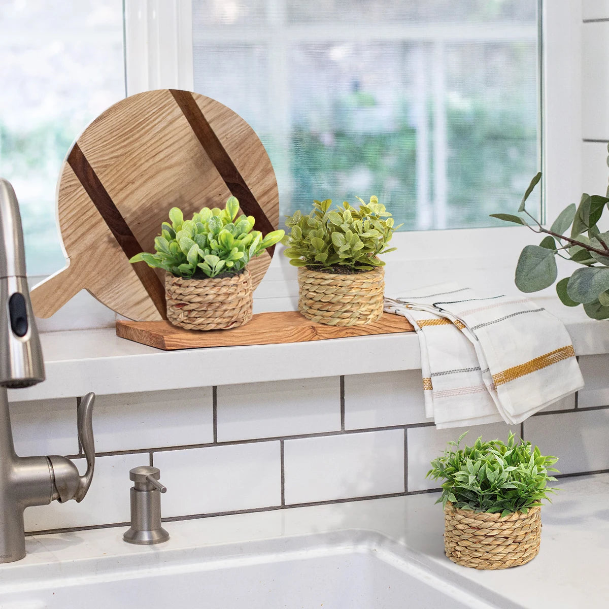 XIYA FLOWER Green Artificial Plants Eucalyptus Grass Woven Small Potted Plants Grass Mound 11cm PE Material Home Decoration