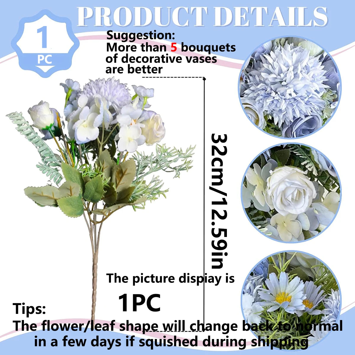 1PC Artificial Flowers Wedding Home Bedroom Decoration Bridal Bouquet Garden Fake Silk Roses Hydrangeas Vase for Board Outdoors