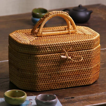 Handwoven Rattan Storage Box with Handle Wicker Ornament Box Tea set Container Picnic Bread Fruit Cake Basket Kitchen Organizer