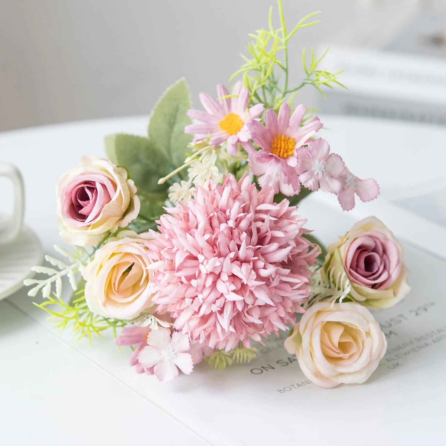 1PC Artificial Flowers Wedding Home Bedroom Decoration Bridal Bouquet Garden Fake Silk Roses Hydrangeas Vase for Board Outdoors