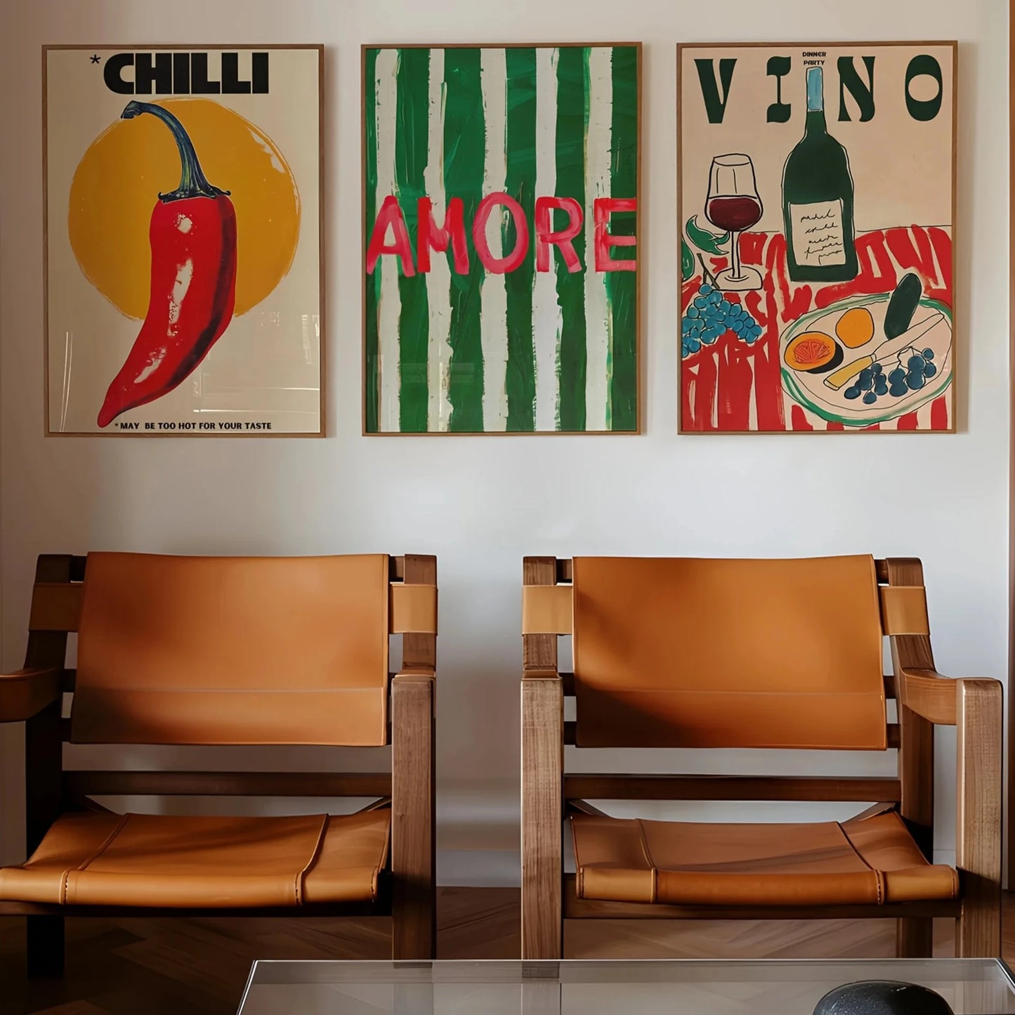 Amore Green Striped Canvas Printing Vino Wine Glass & Pepper Wall Art Poster Modern Living Room Bedroom Kitchen Home Decor Gifts