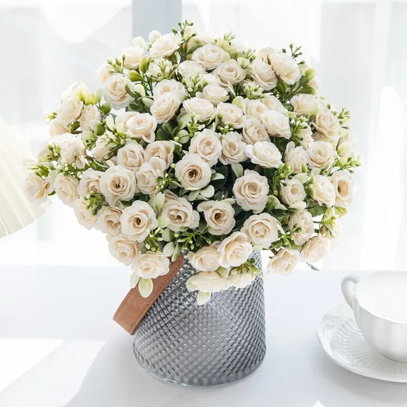 1PC 15 Head 5 Fork Silk Rose Wedding bridal Bouquet Christmas Wreath Vase Decoration Home bonsai DIY Scrapbook Artificial Flower