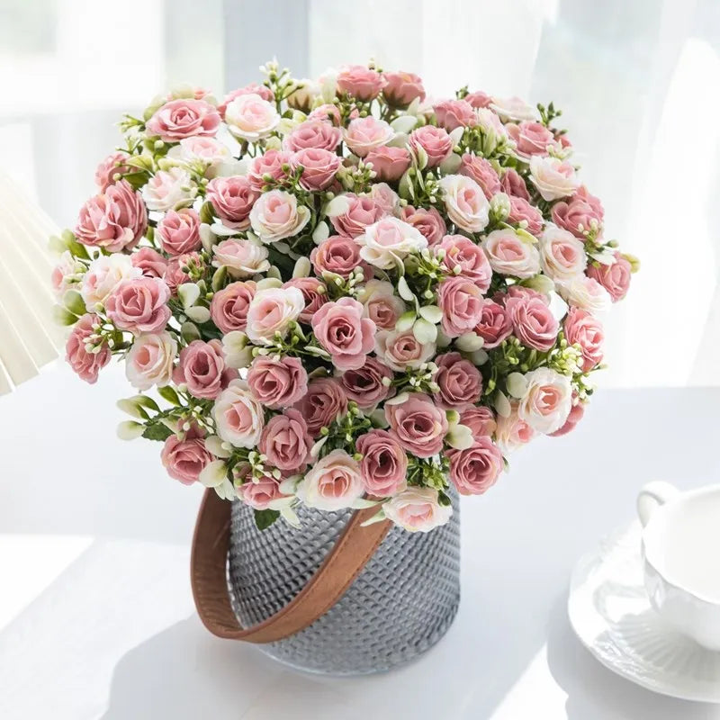 1PC 15 Head 5 Fork Silk Rose Wedding bridal Bouquet Christmas Wreath Vase Decoration Home bonsai DIY Scrapbook Artificial Flower