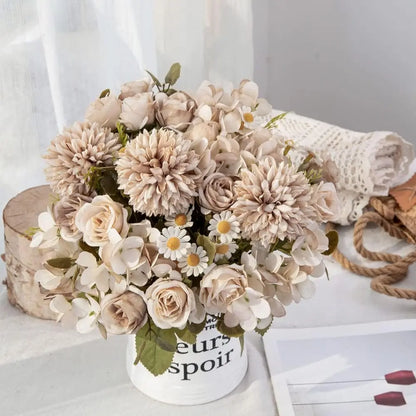 1PC Artificial Flowers Wedding Home Bedroom Decoration Bridal Bouquet Garden Fake Silk Roses Hydrangeas Vase for Board Outdoors