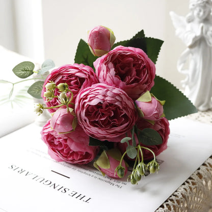 Hot Selling 1pcs/30cm Rose Pink Silk Bouquet Peony Artificial Flower 5 Big Head 4 Small Bud Bride Wedding Home Decoration Artifi