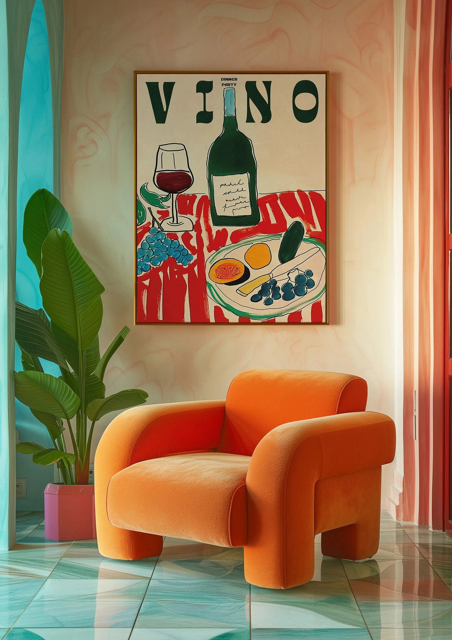 Amore Green Striped Canvas Printing Vino Wine Glass & Pepper Wall Art Poster Modern Living Room Bedroom Kitchen Home Decor Gifts