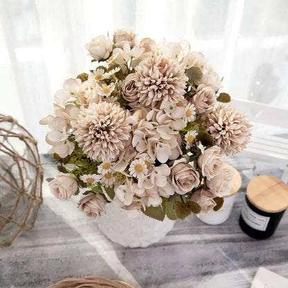 1PC Artificial Flowers Wedding Home Bedroom Decoration Bridal Bouquet Garden Fake Silk Roses Hydrangeas Vase for Board Outdoors