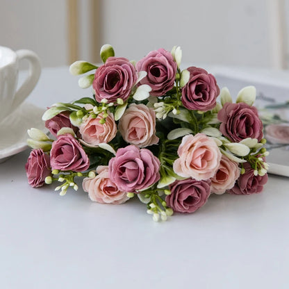 1PC 15 Head 5 Fork Silk Rose Wedding bridal Bouquet Christmas Wreath Vase Decoration Home bonsai DIY Scrapbook Artificial Flower