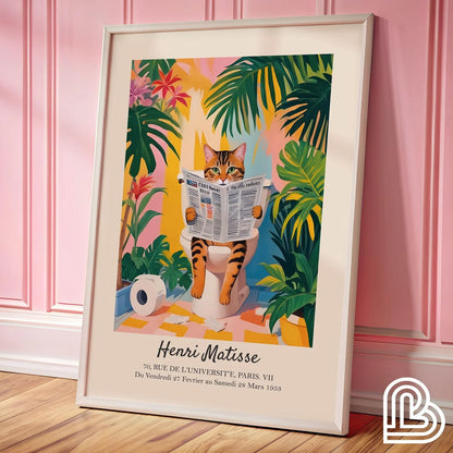 Black cat on toilet, Bathroom wall art, Matisse poster, Funny bathroom decor, Pink tropical decor
