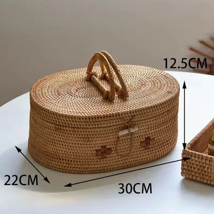 Handwoven Rattan Storage Box with Handle Wicker Ornament Box Tea set Container Picnic Bread Fruit Cake Basket Kitchen Organizer