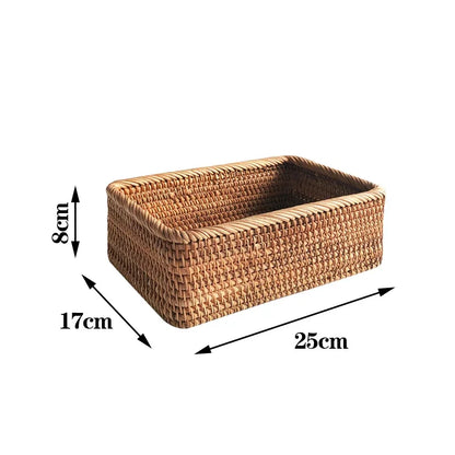 Hand-woven Rattan Wicker Basket Fruit Tea Snack Bread Basket Cosmetic Rectangular Storage Box Household Kitchen Supplies
